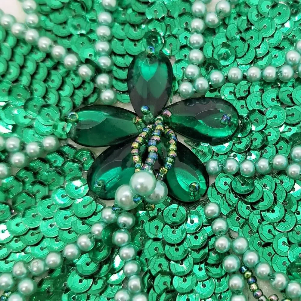 Green Sequin/Bead Starburst Epaulets  Bead Fringe Lot of 2